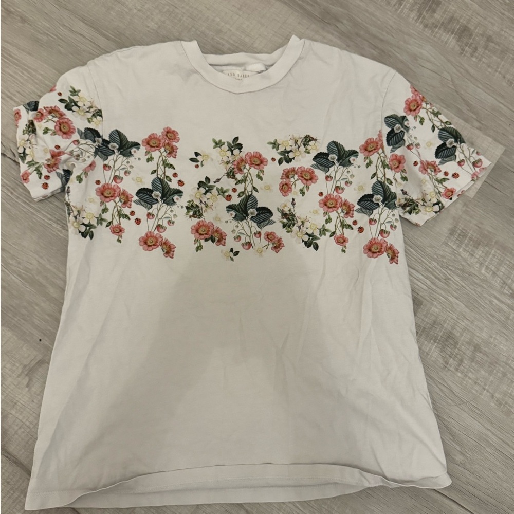 Ted Baker White Crewneck Tee with Pink Floral Border